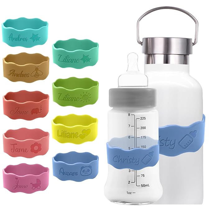 Personalized Baby Bottle Labels for Daycare Custom Water Bottle Name Bands Customized Engraved Silicone Baby Reusable Bottle Straps Labels for Cups School-Silicone Blue