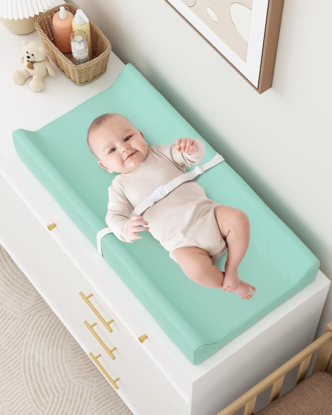 Wipeable Baby Changing Pad for Dresser and Table, Cozy Diaper Changing Pad with Waterproof & Wipe-Clean Leather Cover, Green