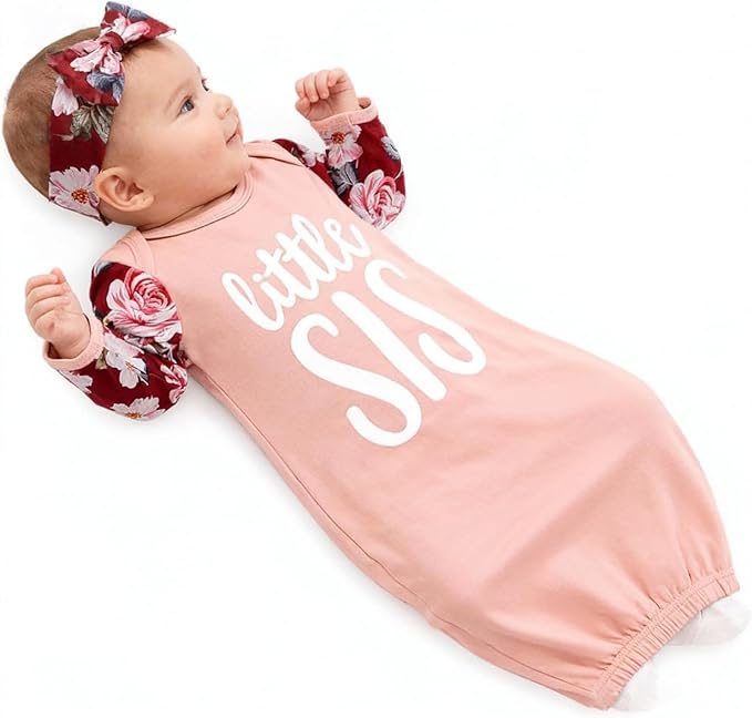 AMAWMW Newborn Baby Girl Little Sister Sleeper Gown Stripe Long Sleeve - Image 3