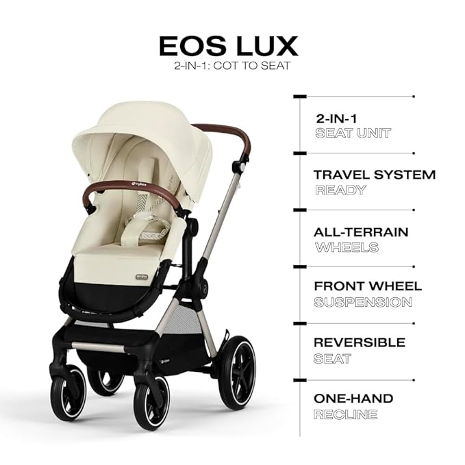 Cybex EOS 2-in-1 Stroller - Bassinet Stroller Converts to Toddler Stroller with One-Hand Recline - Bassinet and Toddler Seat Included, Reversible & Travel System Ready, Seashell Beige