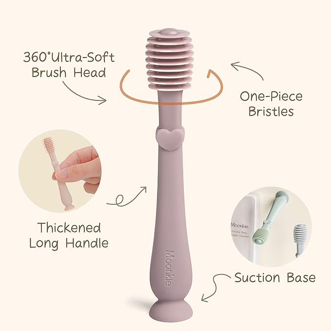 Moonkie Baby Tongue Cleaner, Toddler Toothbrush, Baby Oral Cleaner Newborn Kit for 3 Months+, 3 Pcs (Croissant/Apricot/Sand)