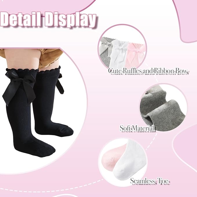 Baby Knee High Socks Newborn Ruffle Bow Socks Infant Long Sock Toddler Girls - Image 2