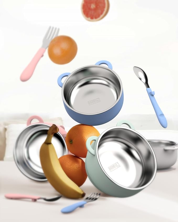 Toddler Feeding Suction Bowls and Utensils Set, 2-in-1 Stainless Steel 304 Kids Bowl & Silicone Suction Baby Bowl with Spoons and Forks, First Self-feeding Training Set, Sunrise Meadow
