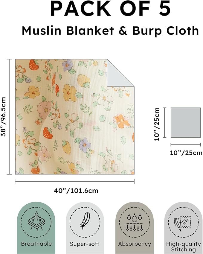 RILIHO 5 Pack Muslin Swaddle Blankets & Baby Burp Cloths, Soft & Breathable - Image 3