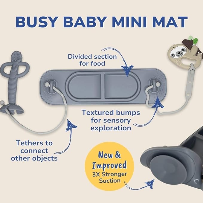 BUSY BABY Silicone Mat Bundle - 1 Original Mat Plus 1 Mini Mat, New Stronger Suction Cups, 6 Straps to Secure Baby Essentials and Keep Them Off The Floor, Baby Led Weaning, Wet Bag Included (Blue)