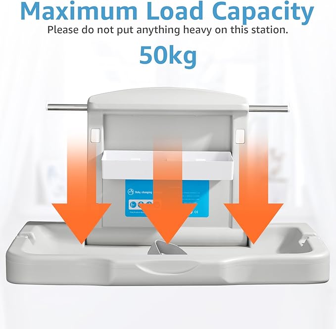 Baby Changing Station Wall Mounted: Horizontal Diaper Changing Table Foldable Diaper Tables with Safety Strap, ADA Complaint for Commercial Bathroom/Nursery/Public Restroom