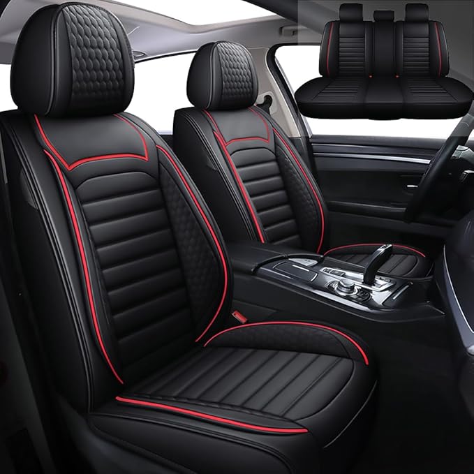 Leather Car Seat Covers for Toyota Corolla 2006-2024,Car Seat Covers Full Set,Seat Covers with Safety,Waterproof Seat Cover Compatible Airbag(5pcs Black&Red Standard)
