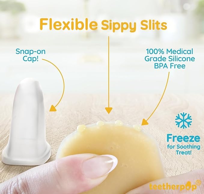 Teetherpop Fillable Silicone Teether for Babies – Breastmilk Popsicle Molds for Teething with Spill-Proof Sippy Slits – Freezable Baby Teethers for Liquids & Purées - Cooling Relief (3-Pack-Blues)
