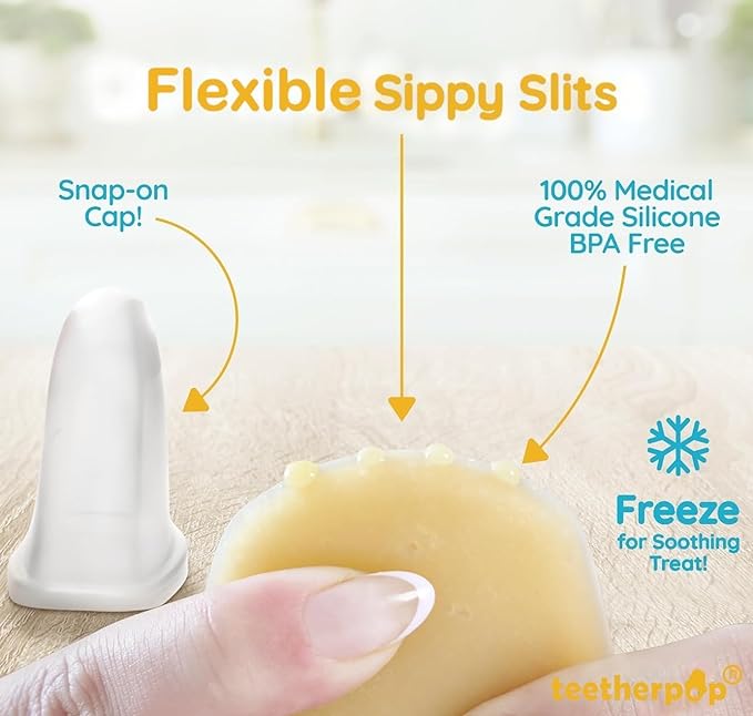 Teetherpop Fillable Silicone Teether for Babies (2-Pack) – Breastmilk Popsicle Molds for Teething w/Spill-Proof Sippy Slits – Freezable Baby Teethers for Liquids & Purées (PinkLemon/LimonTeal)
