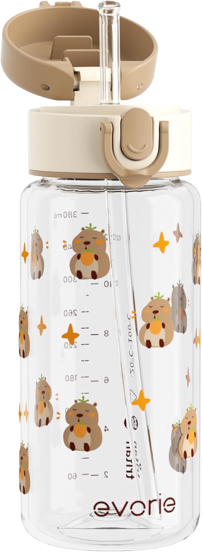 Evorie Tritan Kids Water Bottle for School with Straw, 13oz BPA Free Leak Proof Drinking Cup, Lightweight and Durable Drink Bottle (Capybara)