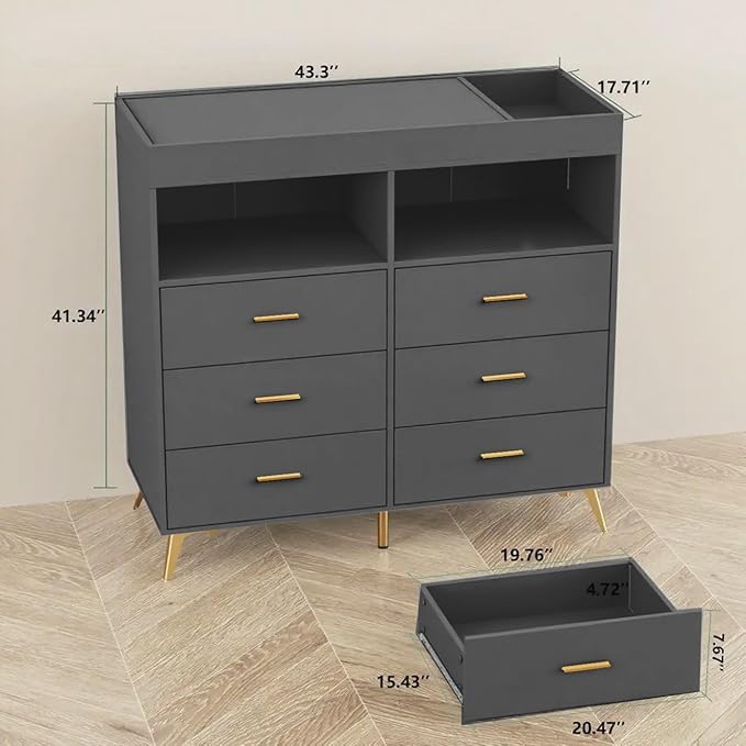 GarveeHome Dresser for Bedroom with 6 Drawers, Baby Changing Table Dresser with Changing Pad, LED Lights & Charging Station, Baby Changing Station with Changing Table Top