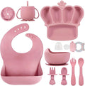 Silicone Baby Feeding Set 10 Pcs Baby Led Weaning Supplies Suction Bowl Divided Plate Baby Bibs Fruit feeder Pacifier Baby Spoons Forks Sippy Cup Utensil Sets Baby Essentials for Newborn （Deep Pink）
