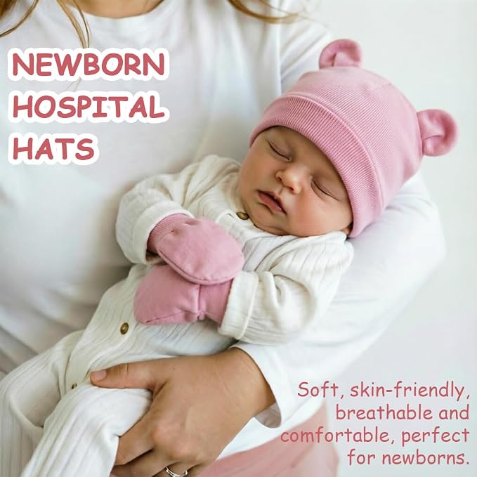 BQUBO Newborn Baby Bear Ears Hats and Mittens Sets Preemie Cotton Caps Baby Boy - Image 2