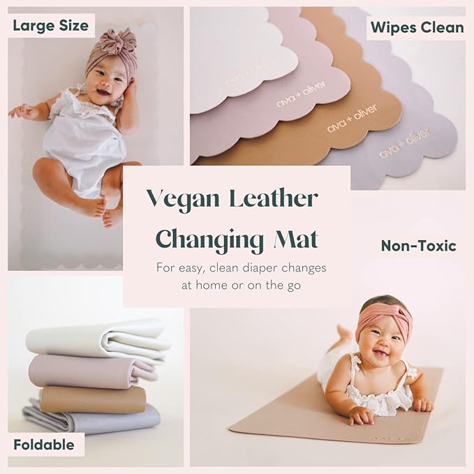 Ava + Oliver Vegan Leather Baby Changing Mat (16 X 30 in) - Multipurpose Wipeable and Portable Diaper Mat - Foldable for Travel (Blue)