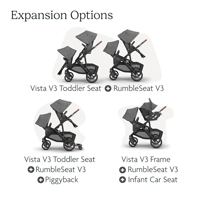UPPAbaby RumbleSeat V3 Second Lower Seat - Compatible with Vista V2 and Vista V3 - All-Weather Seat + Magnetic Buckle – Adapters Included - Theo (Dark Taupe/Silver Frame/Chestnut Leather)