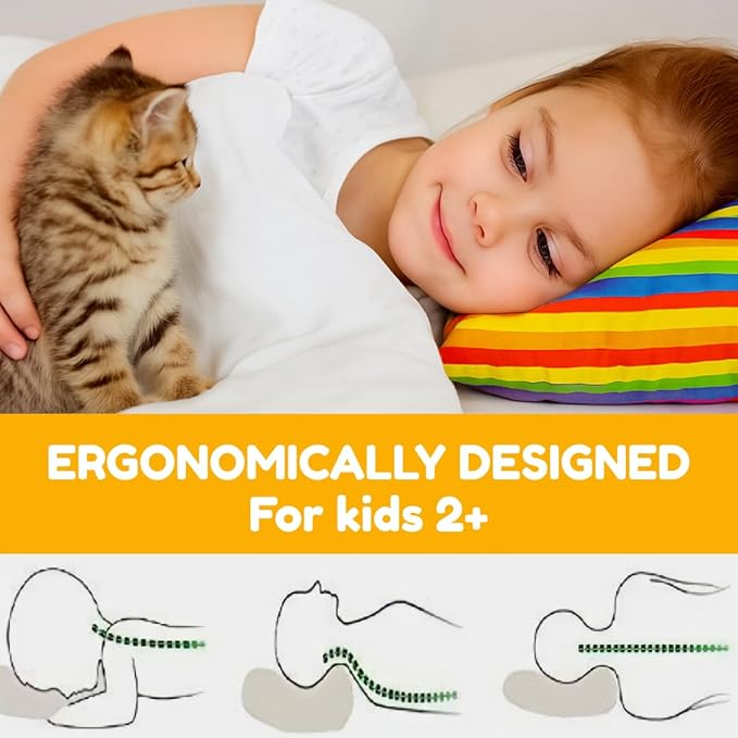 kinder Fluff Kids Pillow (2Pack) 16x24in - Youth Pillows for Kids Age 7+, 100% Cotton Sateen Stripes 300T, Down Alternative Fill, Machine Washable - Children, Decor & Travel Cushion - Rainbow - L