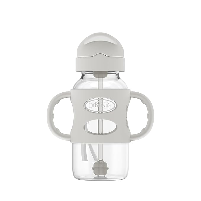 Dr. Brown's Milestones Wide-Neck Sippy Straw Bottle with 100% Silicone Handles and Weighted Straw, 9 oz/270 mL, Gray, 6m+ (Pack of 6)