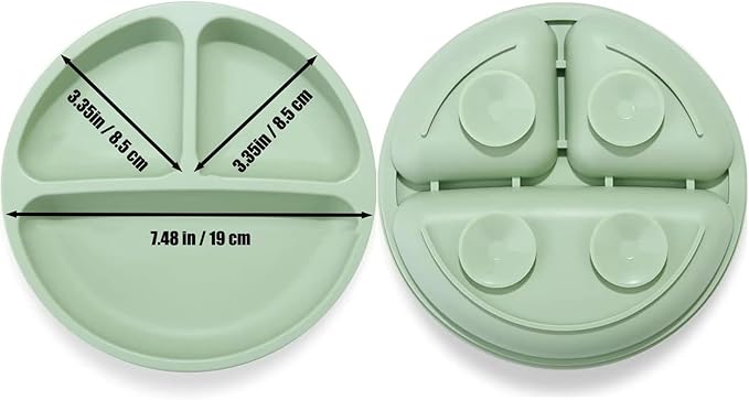 PandaEar Silicone Baby Feeding Set| 2 Pack Silicone Divided Suction Plate with 2 Pack Spoons | Baby Led Weaning Supplies Self Feeding Eating Utensils (Green/Grey)