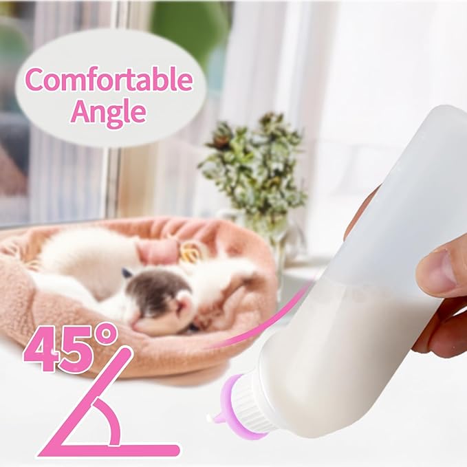 5Pack Kitten Bottle for Nursing Puppy Milk Kitten Bottles Feeding Kit Silicone Nipple for Newborn Pets Kittens, Puppy,Squirrel (Pink)