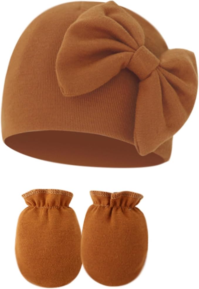UTTPLL Newborn Beanies Cap No Scratch Mittens Set 0-6 Months Infant Bow Caps by UTTPLL