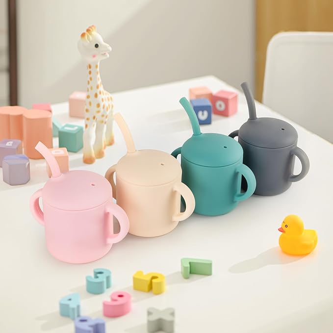 Silicone Baby Cup with Straw, Straw Cup for 6 months+ old, Leak Proof Silicone Baby Training Cup 6 fl oz (Green+Beige)