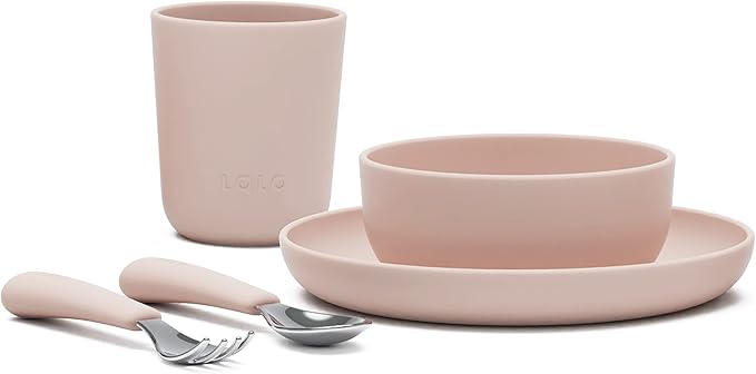 Lalo Big Bites Kids Dinnerware Starter Set - Dishwasher Safe, BPA Free, Kids Tableware Set - Includes Stackable Bowl, Plate, Utensils & Cup - 5 Pieces - Grapefruit