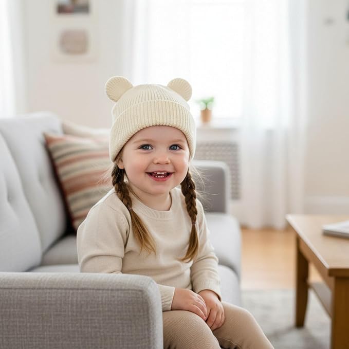 Hadetoto Cotton Baby Beanie Winter Knitted Hat, 2 Pack | Bear Ear Design - Image 5