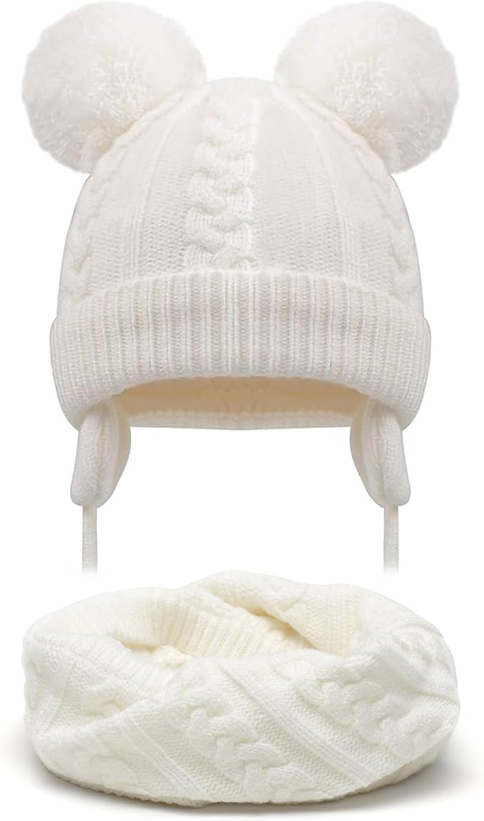 Duoyeree Toddler Winter Hat with Earflap Scarf Hood Thick Warm Kids Skull Cap for Baby Girls Boys
