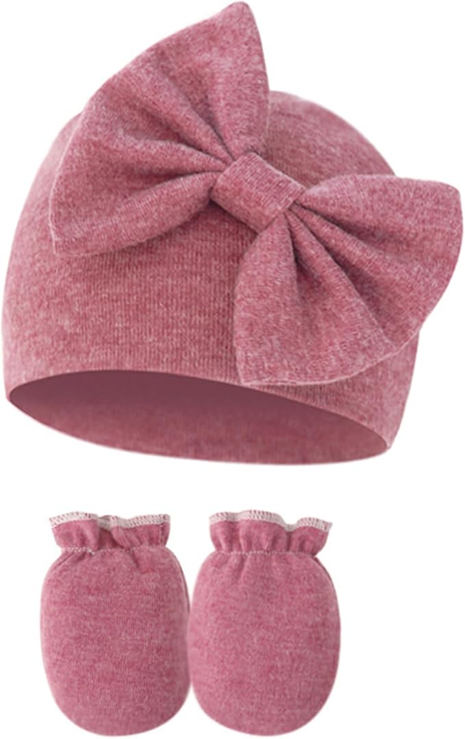 UTTPLL Newborn Beanies Cap No Scratch Mittens Set 0-6 Months Infant Bow Caps by UTTPLL