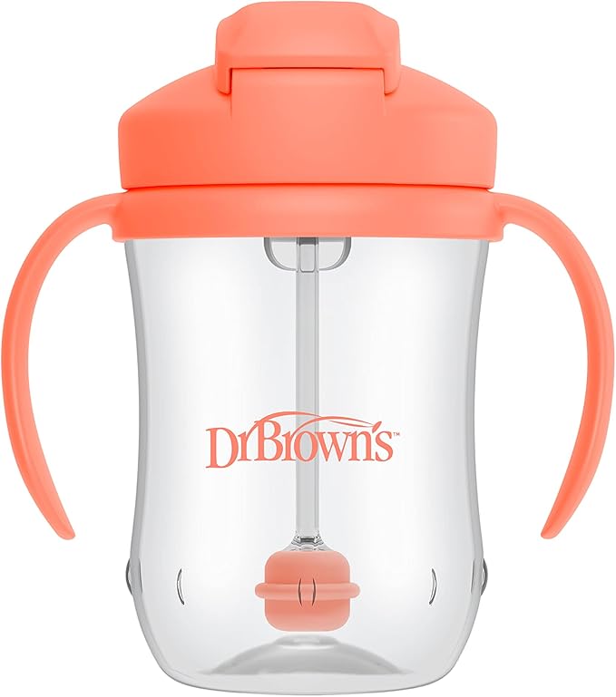 Dr. Brown's Milestones, Baby's First Straw Cup Sippy Cup with Straw, 6m+, 9oz/270ml, 2 Pack, Coral & Olive Green, BPA Free