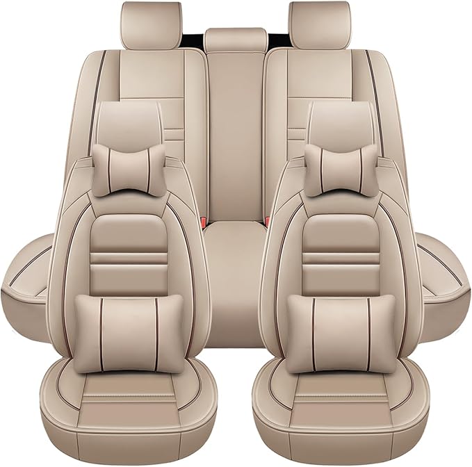 Car Seat Covers for Nissan Car Versa 2007-2025 | 5-Seats Seat Covers, Waterproof Seat Protectors, Automotive Seat Covers (Full Set with Pillow,Beige)