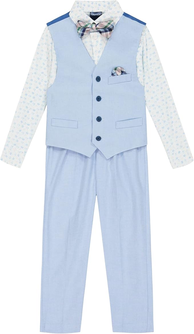 Nautica Boys' 4-Piece Formal Suit Set with Vest, Pants, Collared Dress Shirt, and Tie