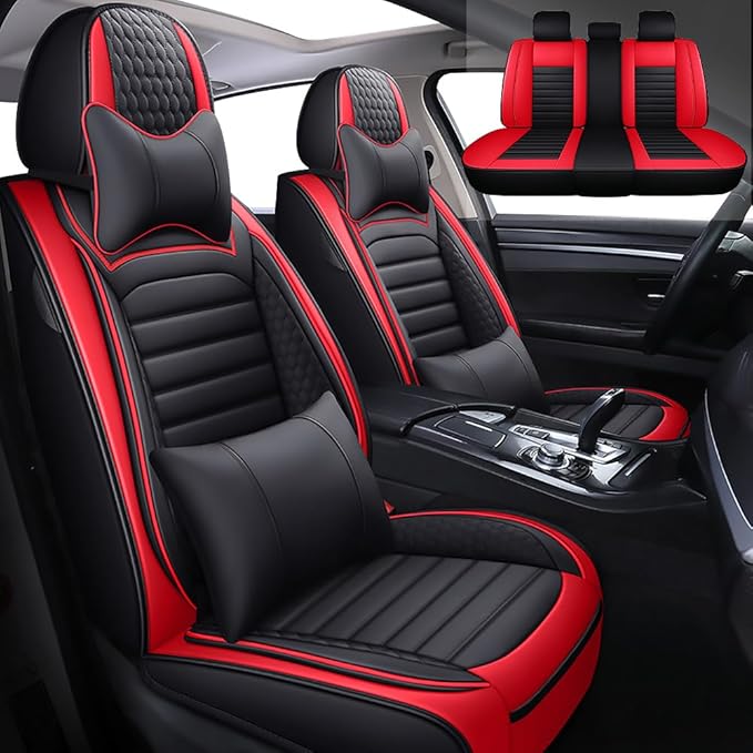 Leather Car Seat Covers for Toyota Corolla 2006-2024,Car Seat Covers Full Set,Seat Covers with Safety,Waterproof Seat Cover Compatible Airbag(5pcs Black&Red Bars Luxury)