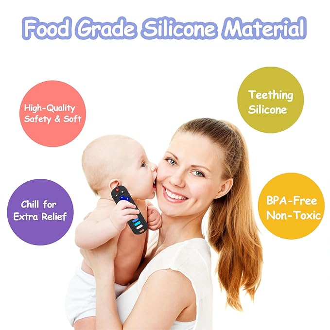 Baby Teething Toys, Food Grade Silicone Teether for Babies 3 6 12 18 Months, TV Remote Shape Toddlers Chew Toys, Freezer BPA Free (Black RC)