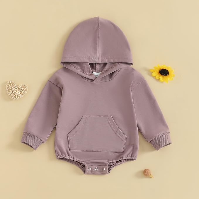 Baby Boy Girl Hooded Romper Cute Solid Color Long Sleeve Sweatshirt Romper - Image 3