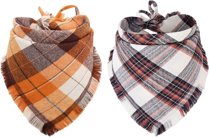 Fall Dog Bandana Autumn Thanksgiving Plaid Reversible Triangle Bibs Scarf by KZHAREEN