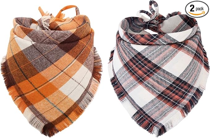 Fall Dog Bandana Autumn Thanksgiving Plaid Reversible Triangle Bibs Scarf by KZHAREEN