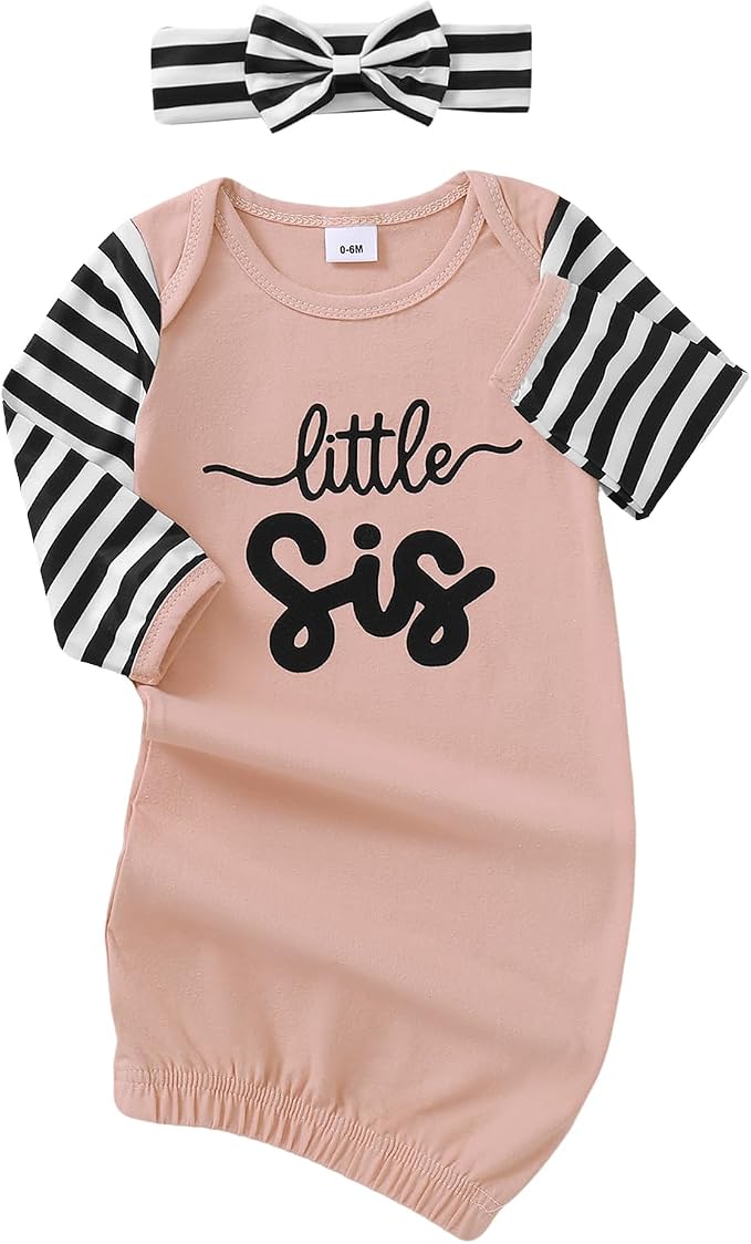 AMAWMW Newborn Baby Girl Little Sister Sleeper Gown Stripe Long Sleeve by AMAWMW