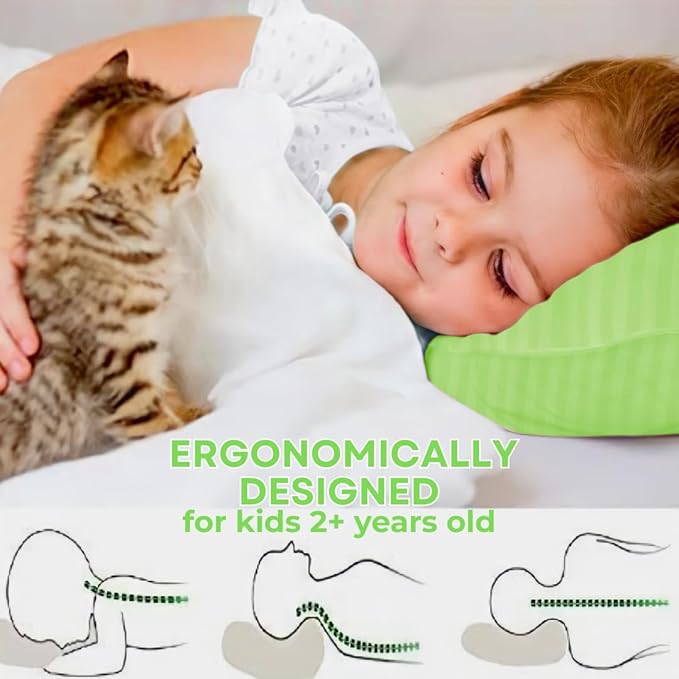 kinder Fluff Kids Pillow (2Pack) 16x24in - Youth Pillows for Kids Age 7+, 100% Cotton Sateen Stripes 300T, Down Alternative Fill, Machine Washable - Children & Travel Cushion - Green - L