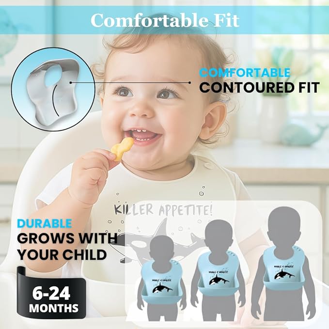 Animal Silicone Bibs for Babies - 2 Pack Sea Life Bibs for Boys and Girls - Easy to Clean Adjustable