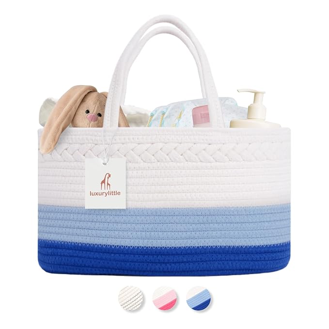 Baby Diaper Caddy Organizer, Extra Large Cotton Rope Nursery Diaper Basket, Changing Table Organizer, Portable Tote Bag with Divider, Car Storage, Baby Shower Gifts for Newborn Boys - Blue