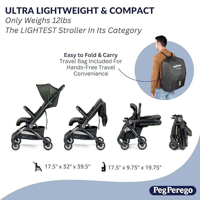 Peg Perego Volo, Ultra Lightweight Carry On Compliant Travel Stroller, Adjustable Features & Reclining Seat - Designed for Everyday Comfort from Newborn to 50lbs, True Black (Black)