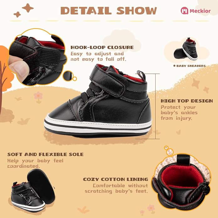 Meckior Toddler Baby Boys Girls High Tops Ankle Sneakers Soft Anti-Slip Sole PU - Image 5