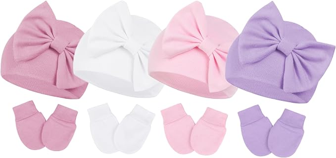 Newborn Baby Girl Hats and Mittens Set, Hospital Hat, Bow Beanie Infant Gift by CenturyStar