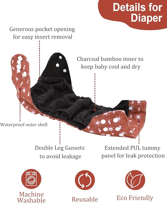 babygoal Reusable Charcoal Cloth Diapers with Double Gussets, 6 Pack Washable Baby Pocket Diapers with 6pcs Charcoal Inserts and Wet Dry Bag(Boho)