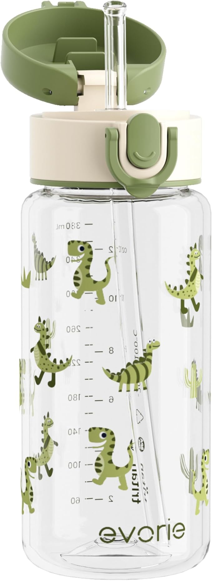 Evorie Tritan Kids Water Bottle for School with Straw, 13oz BPA Free Leak Proof Drinking Cup, Lightweight and Durable Drink Bottle (Green Dino)