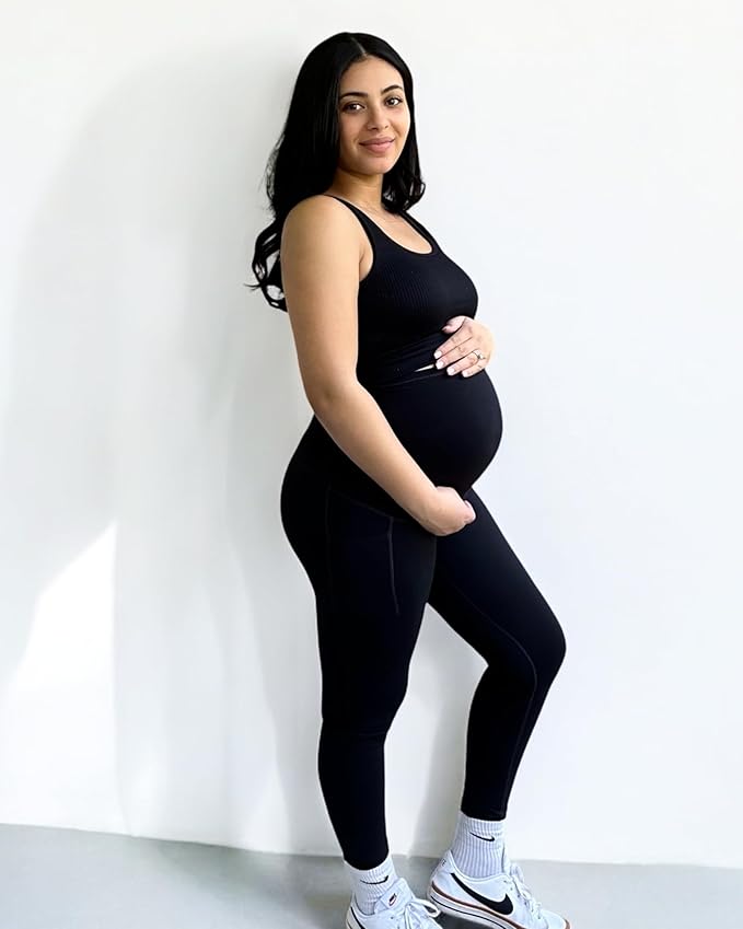 G4Free Maternity Leggings for Women Over The Belly Pregnancy Yoga Pants with Pockets Soft Activewear(Black,M,25")