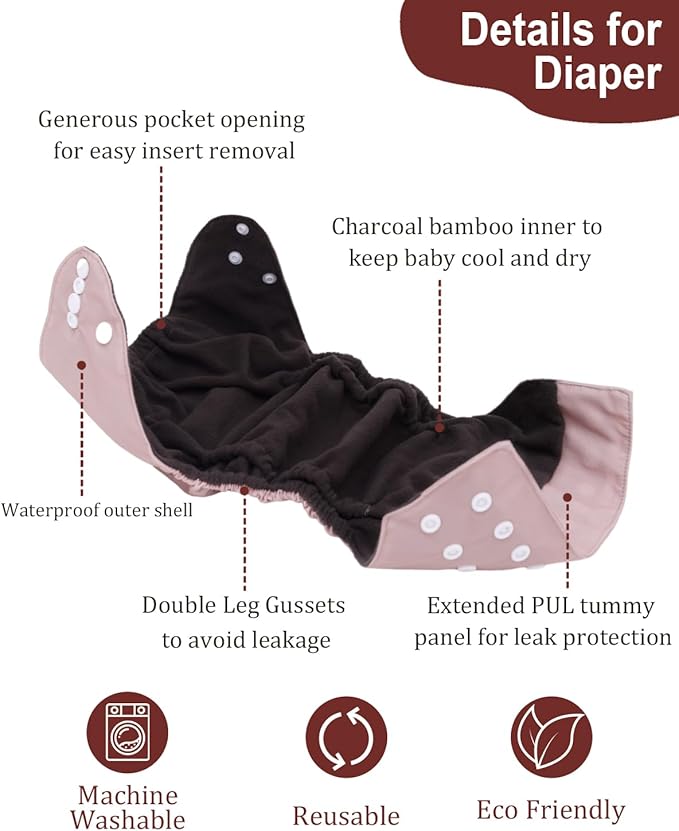 babygoal Reusable Charcoal Cloth Diapers with Double Gussets, 3 Pack Washable Baby Pocket Diapers with 3pcs Charcoal Inserts and Wet Dry Bag(Red Brown,Peach Blossom Pink)