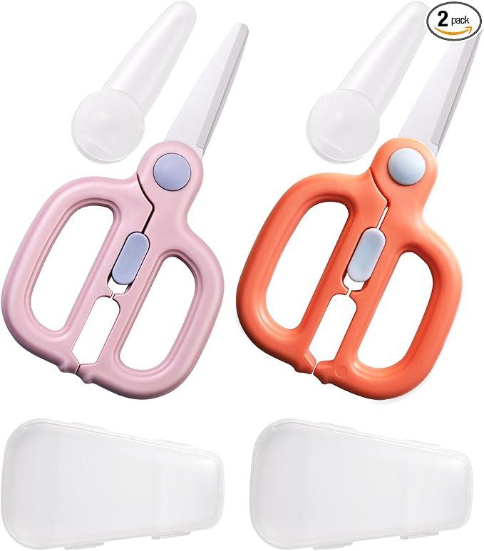 Ceramic Baby Food Scissors Kids with Travel Case, Toddler Scissors with Safety Lock, Ideal for Pizza, Meats, Noodles, Vegetables, and Fruits (A/B)