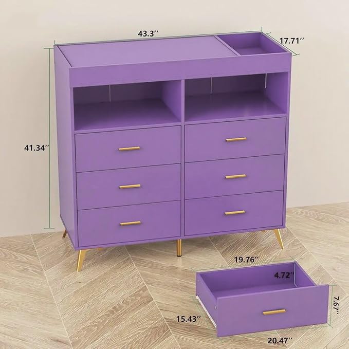 GarveeHome Dresser for Bedroom with 6 Drawers, Baby Changing Table Dresser with Changing Pad, LED Lights & Charging Station, Baby Changing Station with Changing Table Top